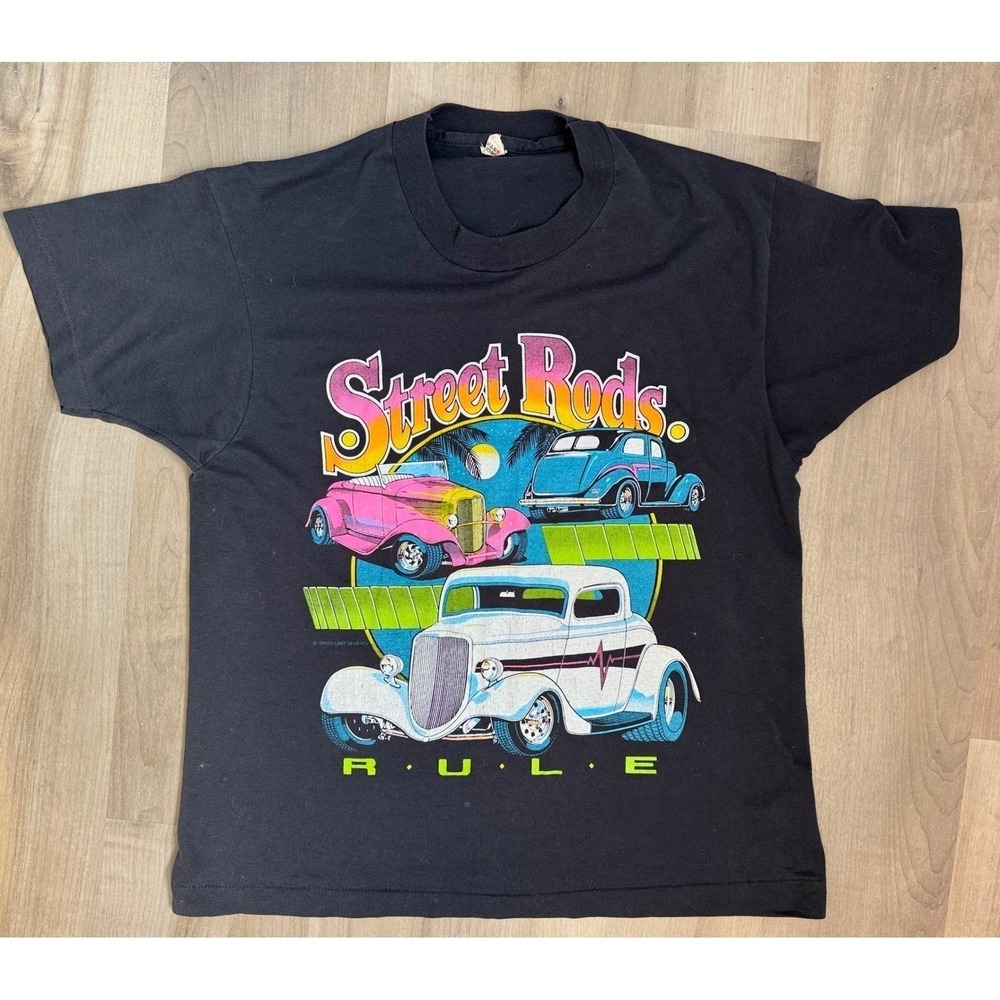 Vintage 80s Street Rods Rule Men's T-Shirt Black Single Stitch Car Tee Large